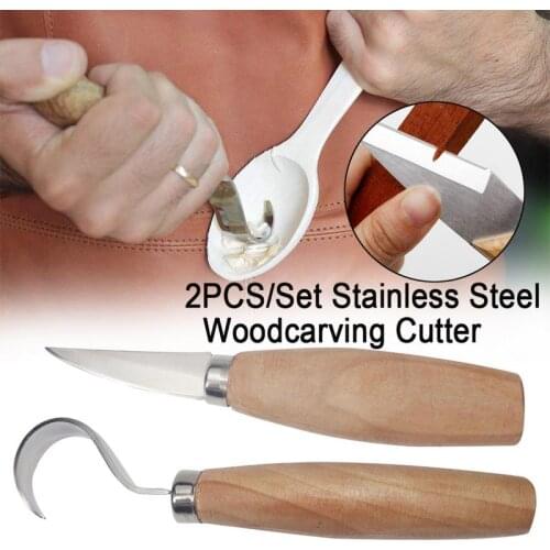 2PCS Stainless Steel Woodcarving Cutter Woodwork Sculptural DIY Wood Handle Spoon Carving Knife Woodcut Tools Kit