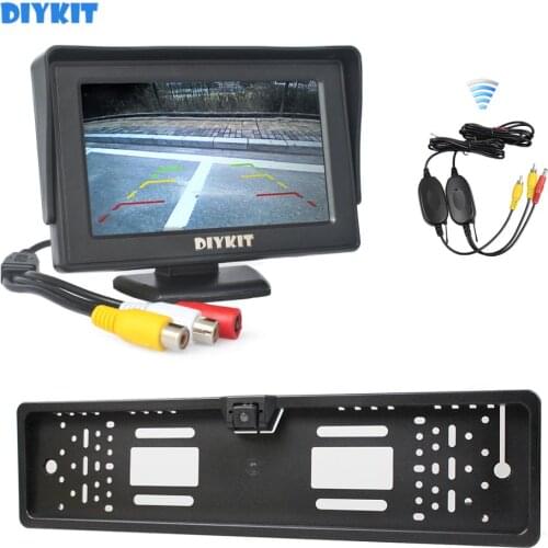 DIYKIT Wireless Waterproof European Car License Plate Frame Rear View Backup Camera + 4.3 inch LCD Display Car Monitor