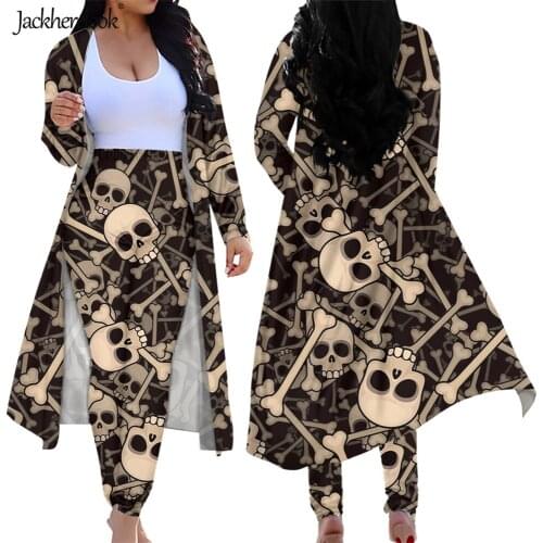 Jackherelook Halloween Pile O Skulls Brand Design Long Sleeve Cardigans Casual Open Long Pants Ladies Elegant Outfits Plus Size