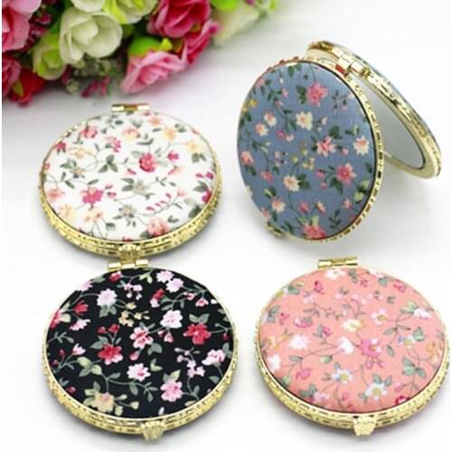 Makeup Compact Pocket Floral Mirrors Double-side Folding Mirror Cloth Cover Printed Portable Round Mirrors Party Gift SN2955