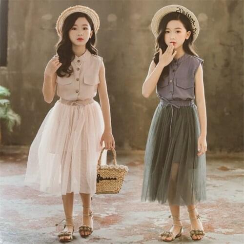 Girls set summer 2019 fashion outfits elegant boutique sleeveless blouse gauzy skirt 2 pieces party dress set spain kids clothes