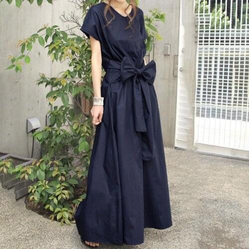 Back Lace Bowknot Long Dress Ladies Short-sleeved Loose One-piece Maxi Dresses Japanese style Literary Simple Casual Retro Dress