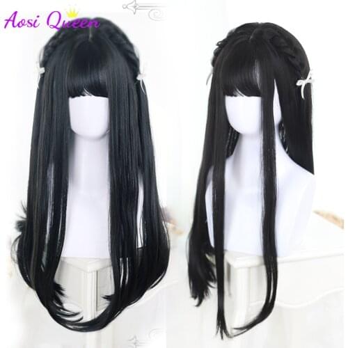 LIANGMO Long Straight Hair Black Synthetic Lolita Wigs with Bangs for Women Fashion Female Cosplay Party Christmas Wigs