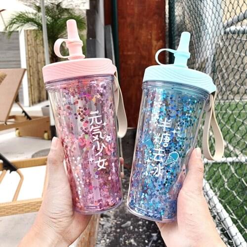 Fashion Printed Plastic Water Cup Silicone Leak-proof Cup With Lid Girl Heart Sequin Portable Straw Water Bottle With Handle