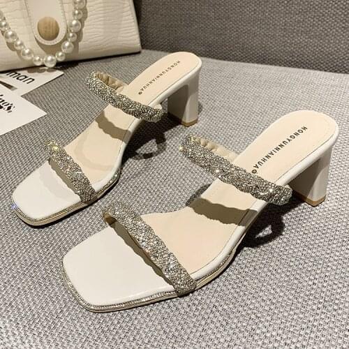 2021summer New Elegant Square Toe Chunky Heel Elegant Socialite Style Net Red Sexy Light Diamond Sandals for Women