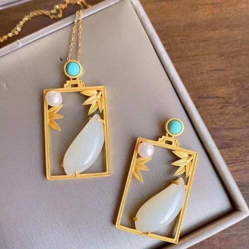 Silver inlaid natural Hetian white jade bamboo leaf Pendant Necklace Chinese style retro geometric elegant womens brand jewelry