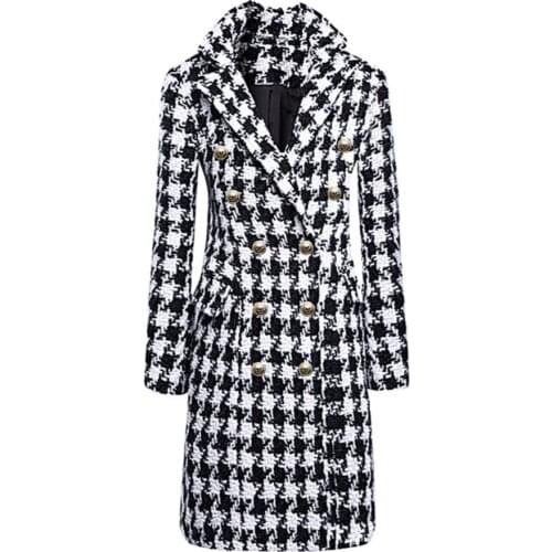 Metal double breasted Woolen coat wome winter new fashion Small fragrance long houndstooth overcoat