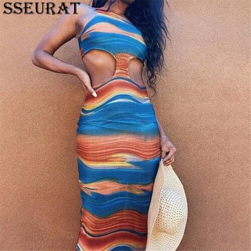 SSEURAT Women Long Dress Print Hollow Out Sleeveless V Neck Skinny Elastic Dresses Sexy Night Club Party Dress Summer