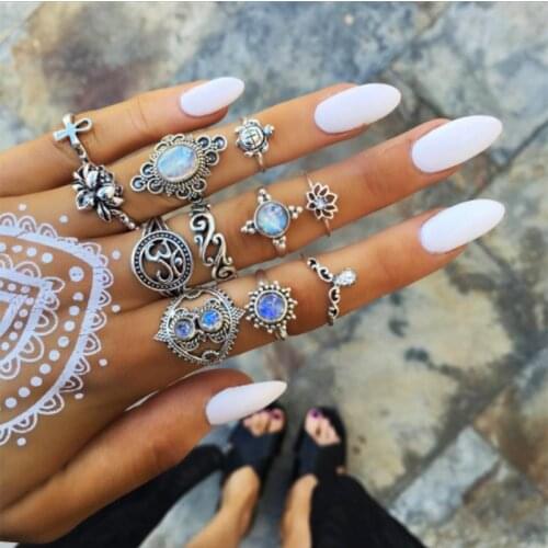 Tocona 11Pcs / Set Bohemian Silver Color Lotus Womens Ring Boho Blue Crystal Stone Finger Ring Vintage Indian Jewellery 9037