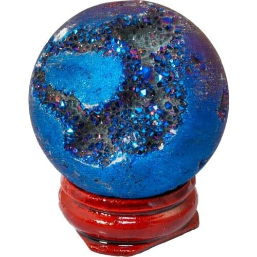 TUMBEELLUWA Blue Titanium Coated Druzy Agate Geode Sphere Ball Divination Reiki Healing Figurine With Wood Stand