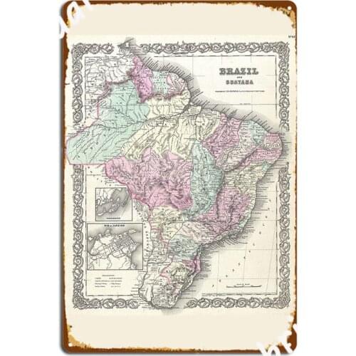 Vintage Map Of Brazil 1855 Metal Sign Party Wall Decor Wall Pub Personalized Tin Sign Poster