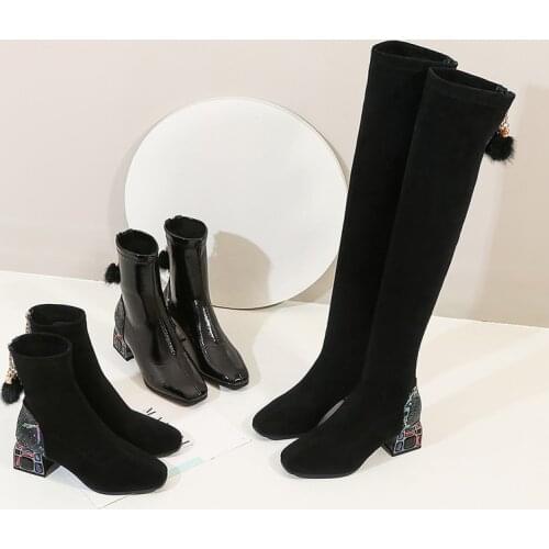 Med Heels Long Boots Women Sexy Over The Knee Boots Female Zippr Suede Leather Night-club Dancing Fetish Shoes Lady Big Size