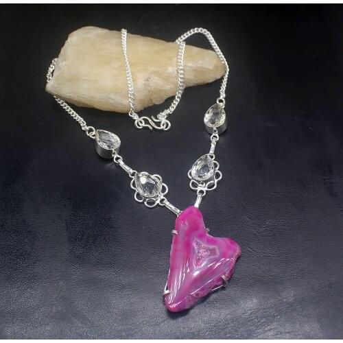 Gemstonefactory Jewelry Big Promotion 925 Silver Natural Agate Druzy White Topaz Ladies Women Chain Necklace 46cm 202101646