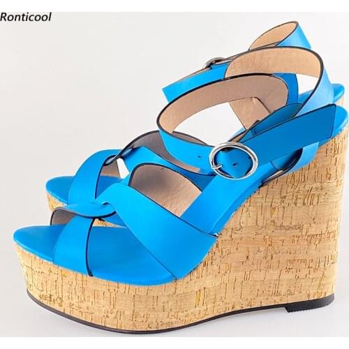 Ronticool New Fashion Women Handmade Sandals Buckle Strap Sexy Wedges High Heel Open Toe Charm 9 Colors Party Shoes US Size 5-20