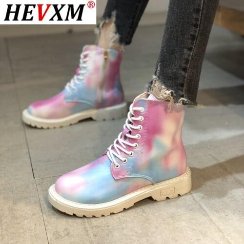 Womens Platform Chunky Boots Leather Ankle Boots For Women Colorful Woman Lace Up Zip Shoes Female Low Heels Big Size 35-43