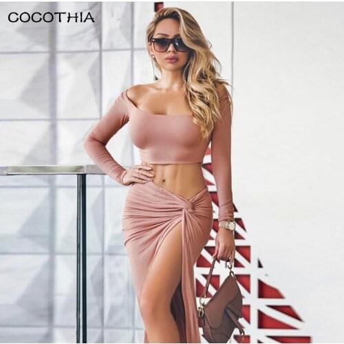 COCOTHIA Sexy Two Piece Set O Neck Long Sleeve Crop Top & Ruched High Split Bandage Skirt Elastic Polyster Summer Party Vestidos