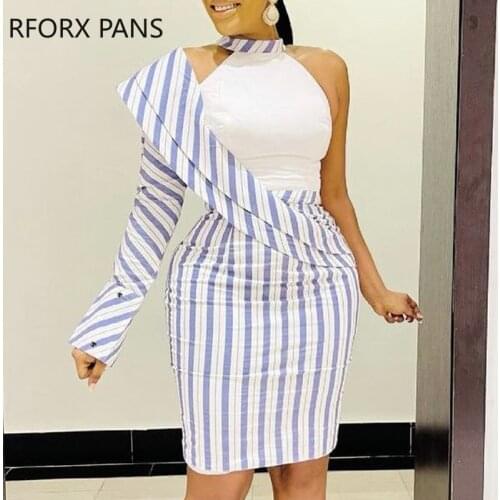 Women Elegant Halter Patchwork Striped One Shoulder Above Knee work Dress