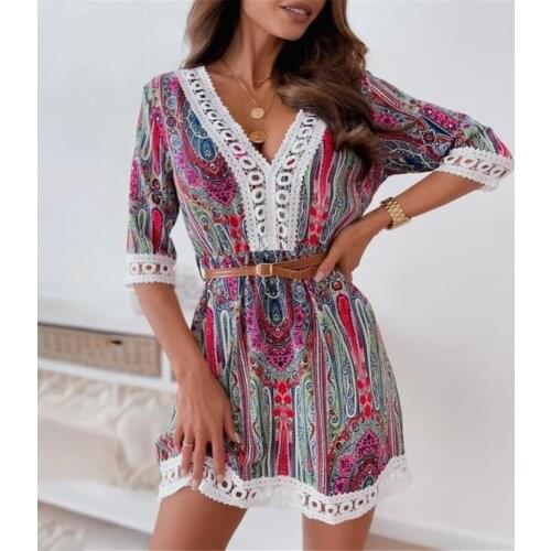 Summer Female Short Sleeve Beach Dresses Printed Lace Bohemia Half Sleeve V Neck Loose Dress for Women 2021 Vestido