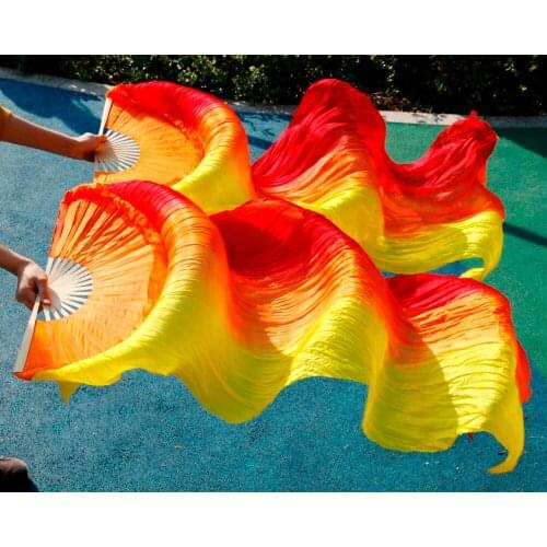 Hits 2016 High selling women Quality Silk Belly Dance Fan Dance 100% Real Silk Veils 1 pair red+orange+yellow