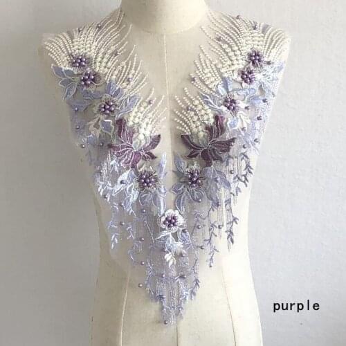 1Pc Pink Sapphire Beaded Embroidered Lace Flowers Wedding Dress Veil Handmade diy Material Clothing Decoration Accessories Patch