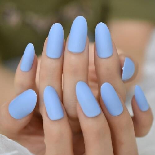 24pcs Oval Fake Nails Matte Blue Frosted Press On Medium Long False Nails Faux Ongles Full Tips Finger Easy Wear