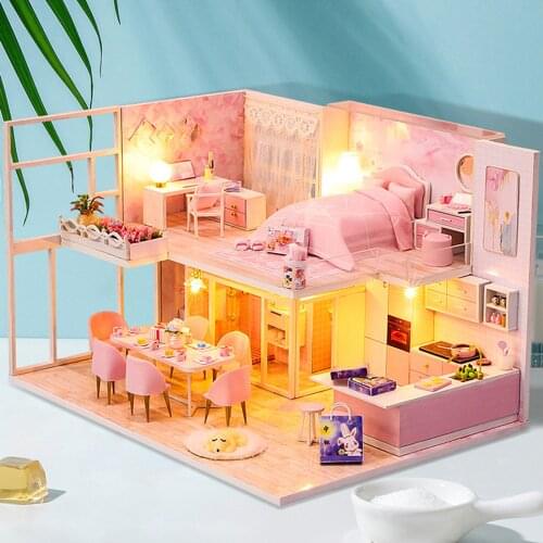 Self Assembled Handcraft Doll House Furniture Kits Wooden LED Light Apartments House Room Play Set Birthday Christmas Gift