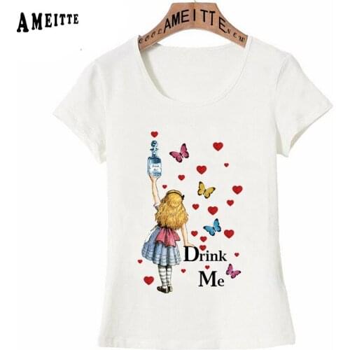 Watercolor Splatter Alice In Wonderland - Drink Me Print T-Shirt Casual Tops Woman Funny Clothing Summer Fashion Women t-shirt