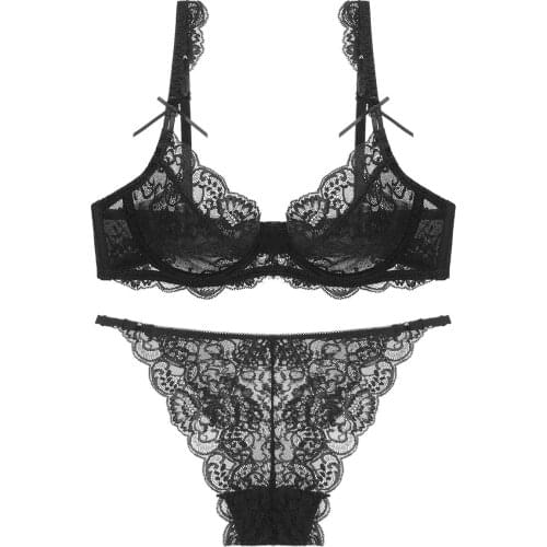 Womens Bra&Panties Set Lingerie Brassiere Lace Bow Ultra thin Transparent Brife Underwear Summer Set Sexy Breath for Girl Gift