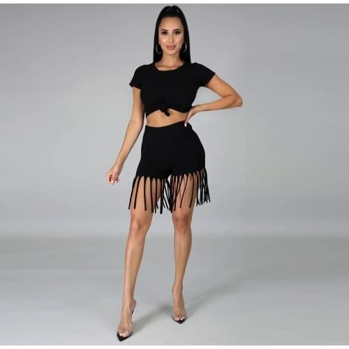 Black/red Tassels Patchwork 2 Piece Set Summer Vacation Clothes O Neck Short Sleeve T-shirts and Beachwear Shorts Female Outfit