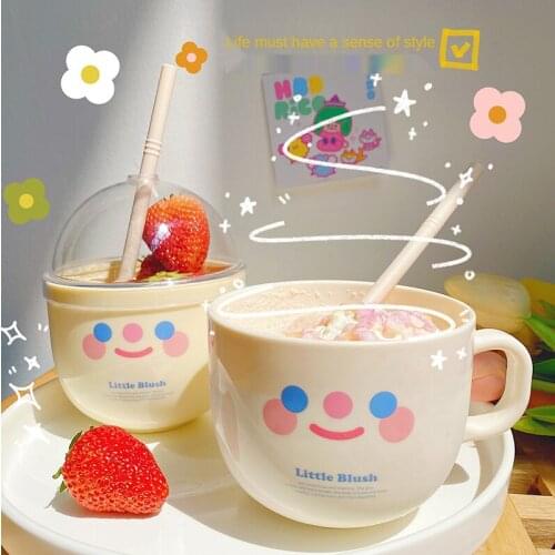 INS Korea Creative Sippy Cup Plastic Mug Fruit Salad Breakfast Milk Bottle Kitchen Tableware Cup Cute Smile Personality Cup