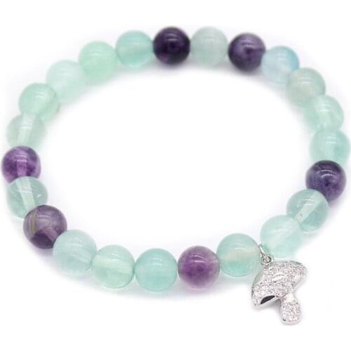 Mushroom shape cubic ziconia pendant Green 8mm natural fluorite stone beads bracelets charm jewelry MBR180259