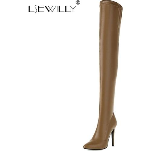 Lsewilly 2021 Autumn Women Over the Knee Boots Faux Leather Pointed Toe Thin High Heel Women Stretch Boots Sexy Nightclub Boot