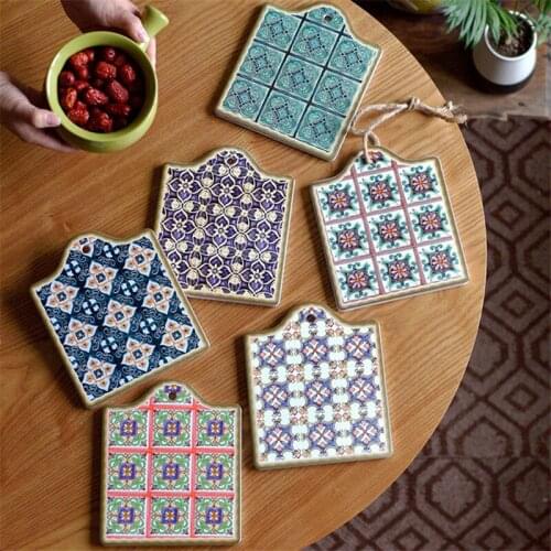 Moroccan Retro Pattern Ceramic Placemat Creative Tea Pot Mat Plate Bowl Insulation Mat Coaster Simple Placemat for Dining Table