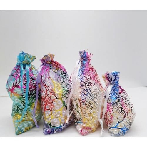 100pcs Color Coral Organza Bag Drawstring Pouch Bag Organizer Jewelry Box Gift For Wed Christmas Jewelry Display Packaging Bags