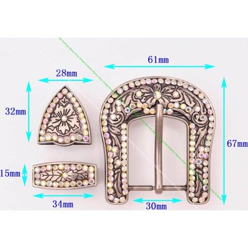 Bling Old Silver Western Cowboy Rodeo 3PCS Set Floral Carved Replacement Colourful Rhinestone Crystal Belt Buckle Fit 30mm Strap