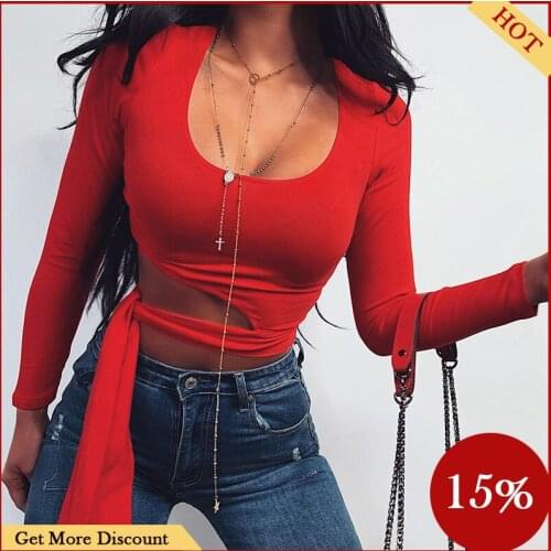 NEW 2021 Spring Clothing Women Casual Slim Fit T-Shirt Tops Ladies Plain Long Sleeve Bandage Crop Tops Tee Clothes Size S-L