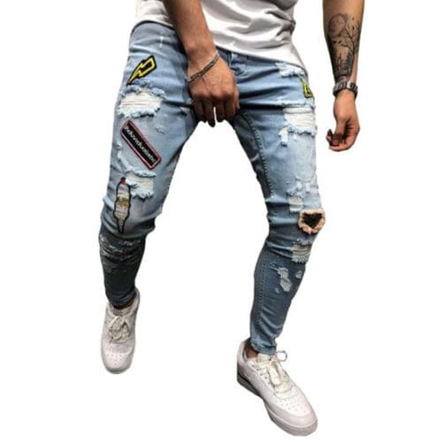 New Fashion Mens Jeans Patchwork Spliced Ripped Denim Jeans Male Straight Slim Patch Beggar Hole Silm Pants Print jeans