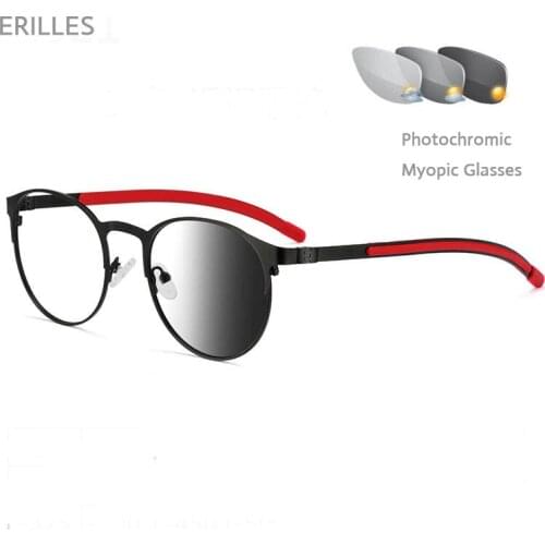 Smart Photochromic Myopic Glasses Men Retro Round Myopia Eyewear Dual Purpose Sunglasses Outdoor And Indoor Eyeglasses -0.5 -5.5