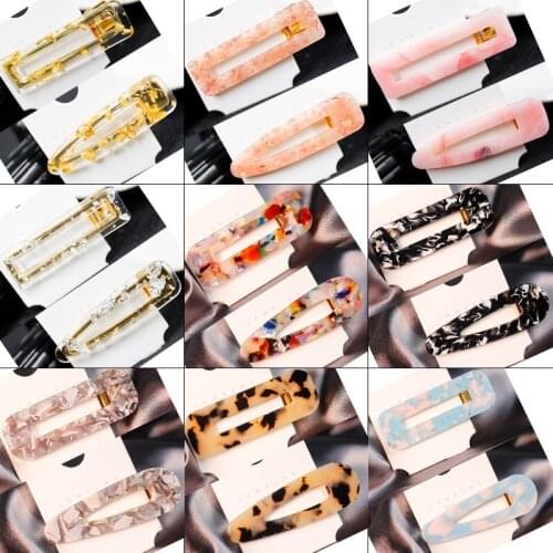 2Pcs/Pair Mix Pink Yellow Lemon Purple Green Acrylic Hollow Waterdrop Rectangle Hair Clips Tin Foil Sequins Hairpins Barrettes