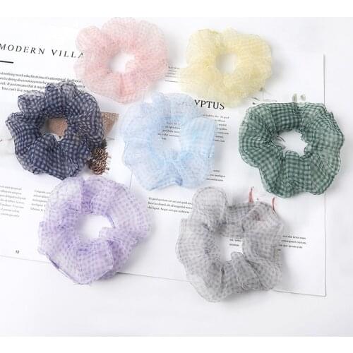 Organza Hair Scrunchies Female Plaid Scrunchie Elastic Hair Bands Girls Headwear Rubber Transparent Hair Ties Ponytail Holder 2P