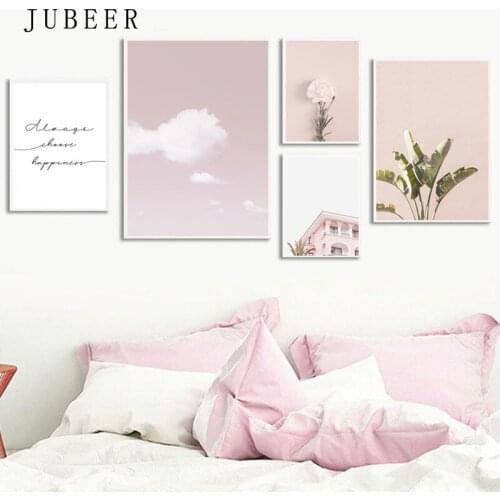 Pink House Wall Art Flower Canvas Prints Wall Poster Canvas Paintings Decorative Pink Sky Clouds Cuadros Decoracion Dormitorio