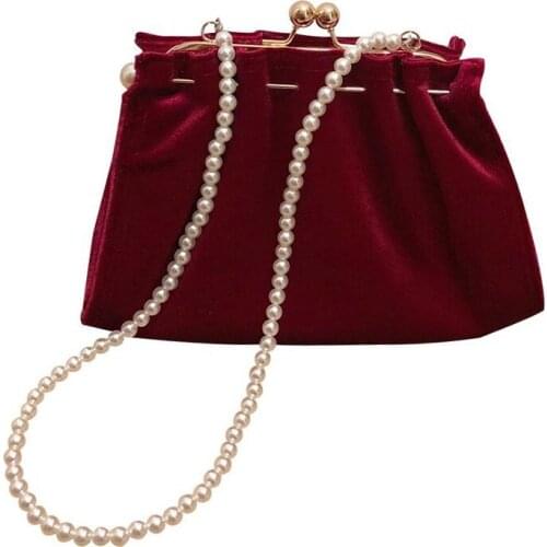 Vintage velvet handbags women bags 2020 designer Pearl chain pleated bag chain shoulder bag for Elegant women Dinner wedding bag