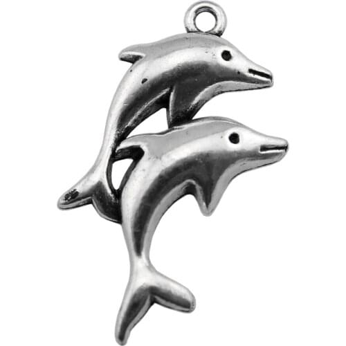 WYSIWYG 10pcs Charms Double Dolphin Show 32x22mm Antique Silver Color Pendants DIYCrafts Making Findings Handmade Jewelry