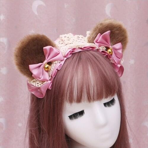 Women Sweet Lolita Cute Bear Ears Satin Lace bell Headband Hair Accessories Brown Japanese KC Lolita Candy HeaddressnCosplay
