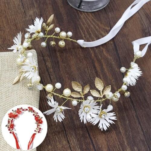 New Elegant Bridal Wedding Hair Accessories White Red Crystal Pearl Flower Headband With Ribbon Women Hair Jewelry Accessories