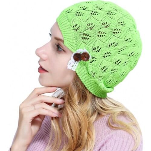 Women Girl Beanie Knitted Autumn Turban Hat Button Hollow Out Leaves Lace Cap Female Skullies Beanies Hats Spring Knit Cap