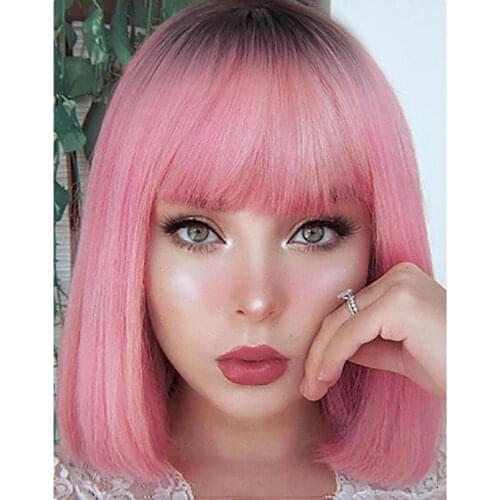 Women Synthetic Hair Short Straight Bob Wig Neat Bang Pink Ombre