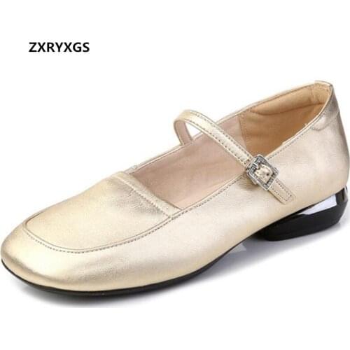 2021 New Autumn Square Toe Shallow Shoes Women Genuine Leather Shoes Non-slip Comfortable Elegance Flat Shoes Big Size 35-43