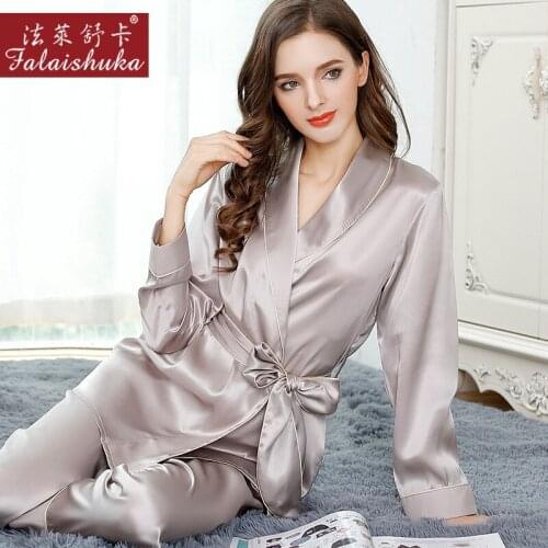 Autumn sale Elegant 100% silk Robe trousers pajamas sets women silky noble sexy V-neck nightdress women sleepwear
