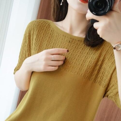 Hollow out knitted Sweater Women Pullover Summer Short Sleeve O-Neck Health Female Pullover Women Sweater Breathable Top